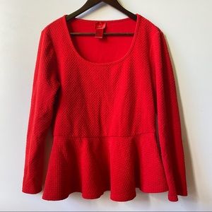 Waffle Knit Polyester Red Peplum Blouse Size L